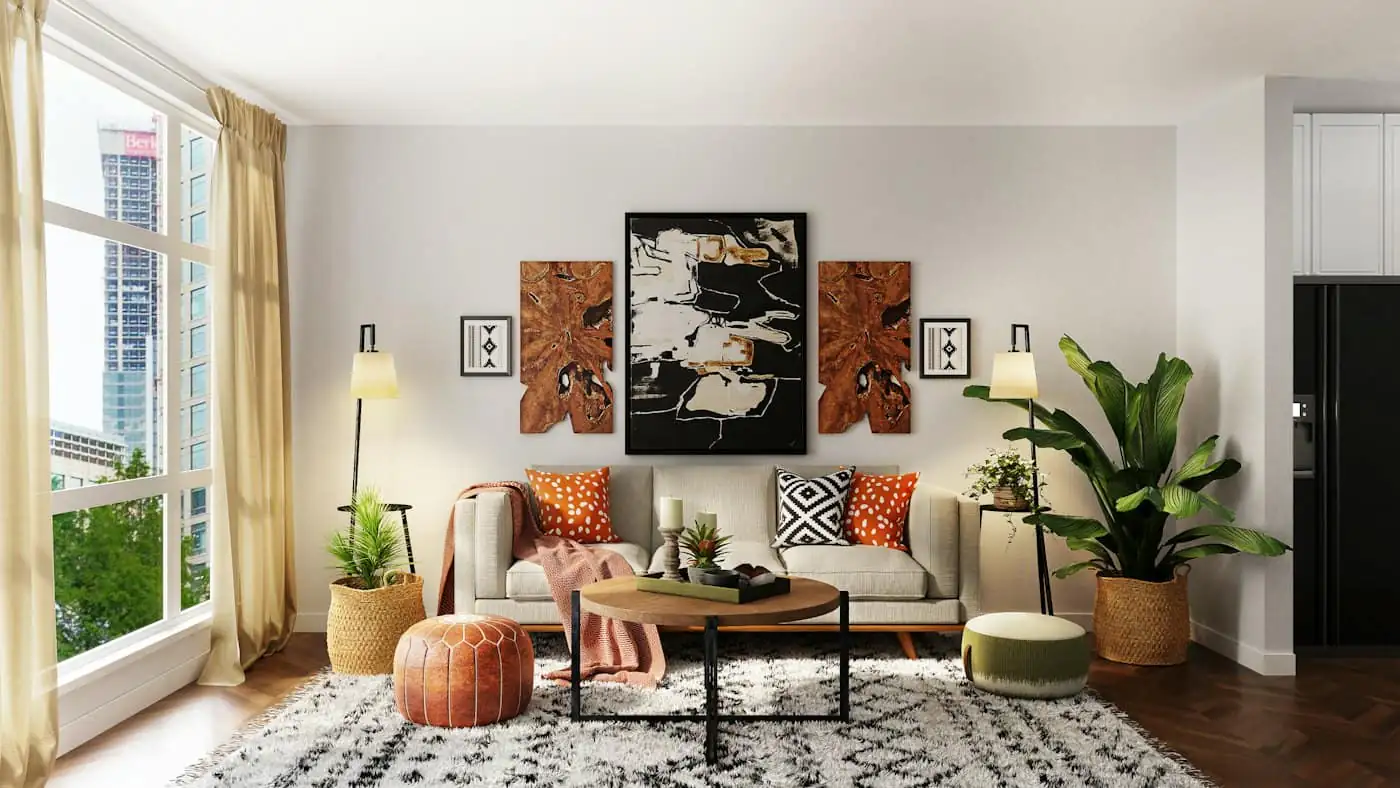 Living room after renovation with polished terrazzo and new lighting