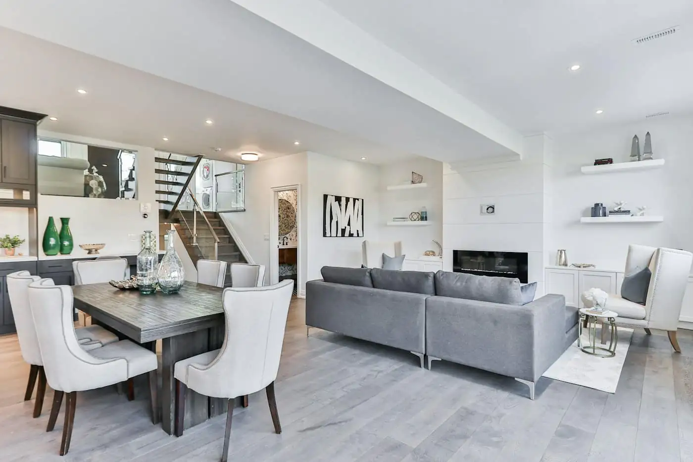 Wide view of the living and dining area